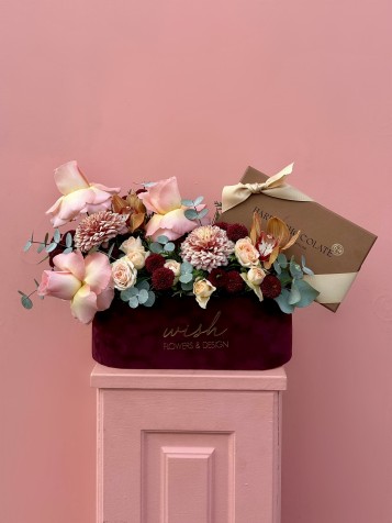 Bordo Kadife Kutuda Harem Çikolatalı Çiçek Bahçesi